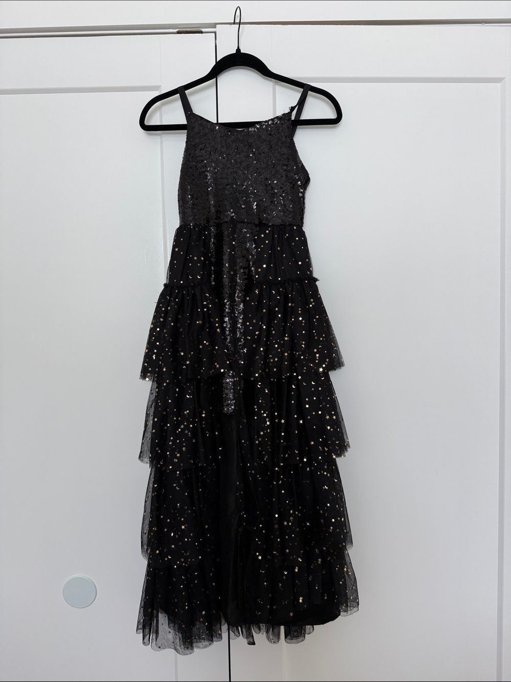 Rare Editions Black Sequin Tiered Tulle Dress with Gold Accents